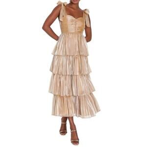 Lulus Radiant Arrival Shiny Gold Organza Tiered Tie Strap Maxi Dress Size Large